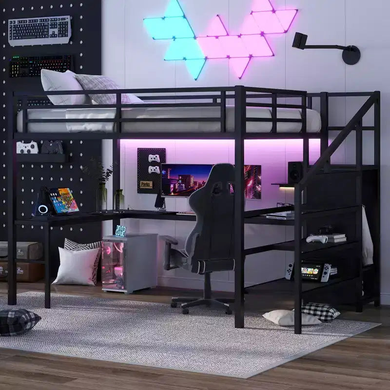 Lit mezzanine en métal pour lit double/grand lit avec bureau en L et port USB, cadre de lit mezzanine avec armoire, étagère réglable et lumières LED, noir/blanc cassé
