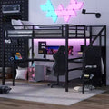 Lit mezzanine en métal pour lit double/grand lit avec bureau en L et port USB, cadre de lit mezzanine avec armoire, étagère réglable et lumières LED, noir/blanc cassé