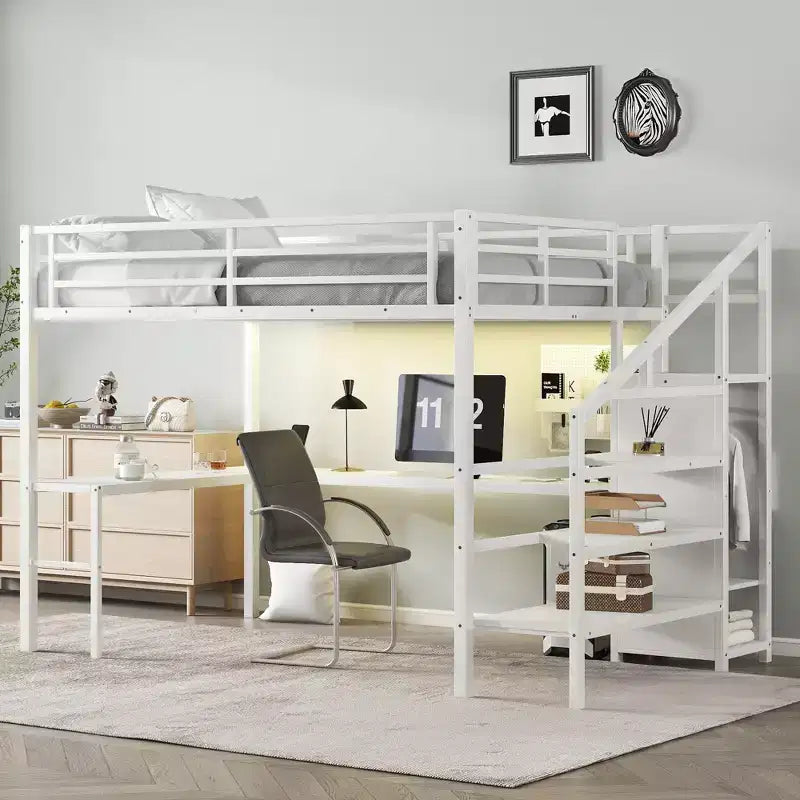 Lit mezzanine en métal pour lit double/grand lit avec bureau en L et port USB, cadre de lit mezzanine avec armoire, étagère réglable et lumières LED, noir/blanc cassé