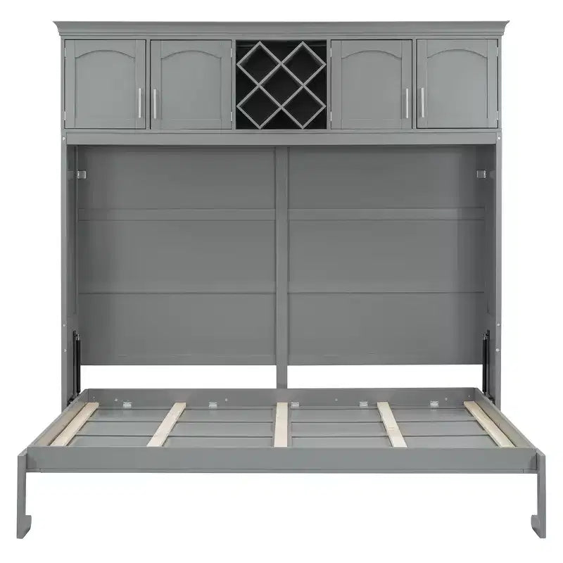 CLIHOME Queen Size Murphy Bed Wall Bed with Top Cabinets &amp; Wine Rack