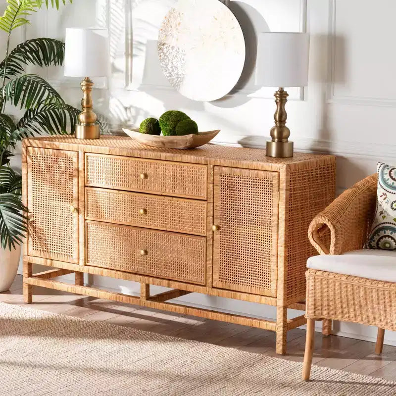 bali &amp; pari Vivan Bohemian Honey Rattan and Mahogany Wood 3-Drawer Storage Cabinet