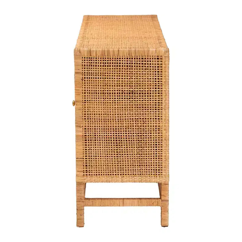 Meuble de rangement à 3 tiroirs en rotin et acajou