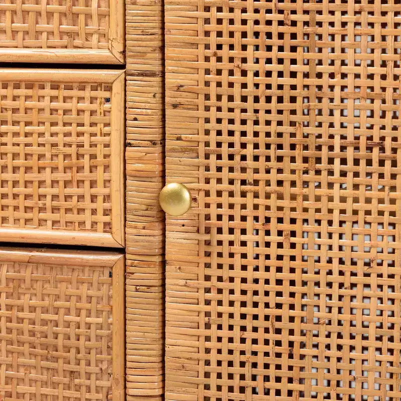 Meuble de rangement à 3 tiroirs en rotin et acajou