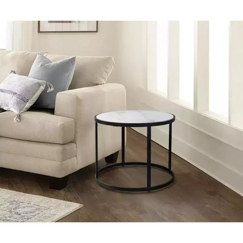 Royal Hampton 23 Inch Side End Table, Modern Round Marble Top, Classic Iron Frame