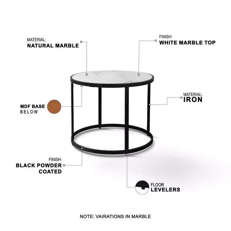 Table d'appoint de 23 pouces, plateau rond en marbre moderne, cadre en fer classique