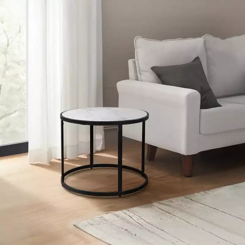 Table d'appoint de 23 pouces, plateau rond en marbre moderne, cadre en fer classique