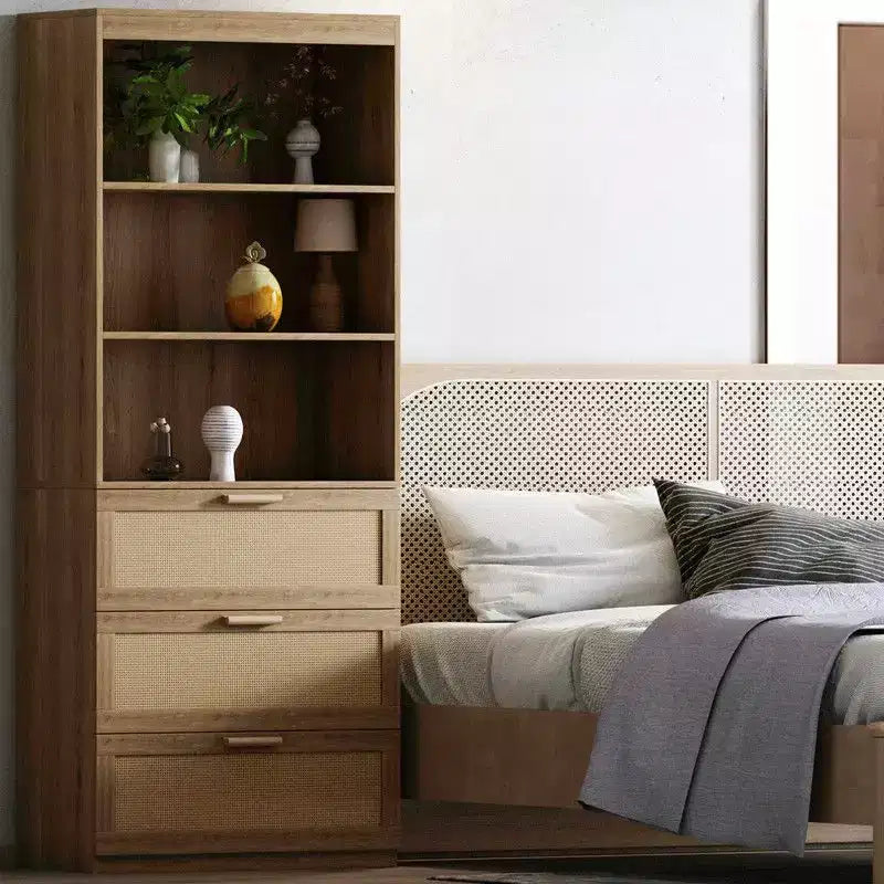 Karl Home Tall Storage Cabinet, Rattan Bookcase with 3 Drawers
