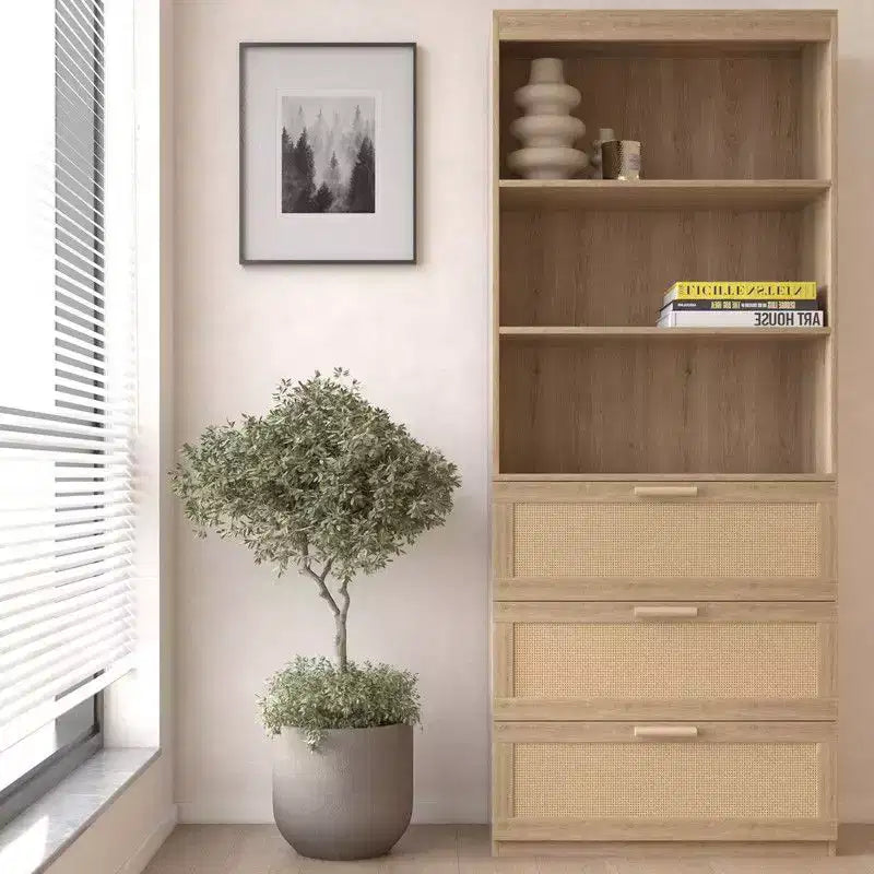 Meuble de rangement haut, Bibliothèque en rotin avec 3 tiroirs