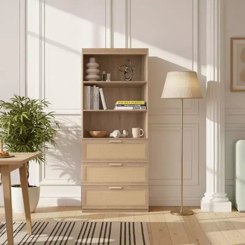 Meuble de rangement haut, Bibliothèque en rotin avec 3 tiroirs