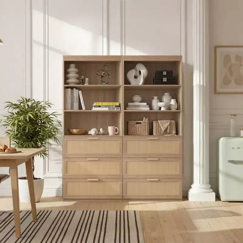 Meuble de rangement haut, Bibliothèque en rotin avec 3 tiroirs