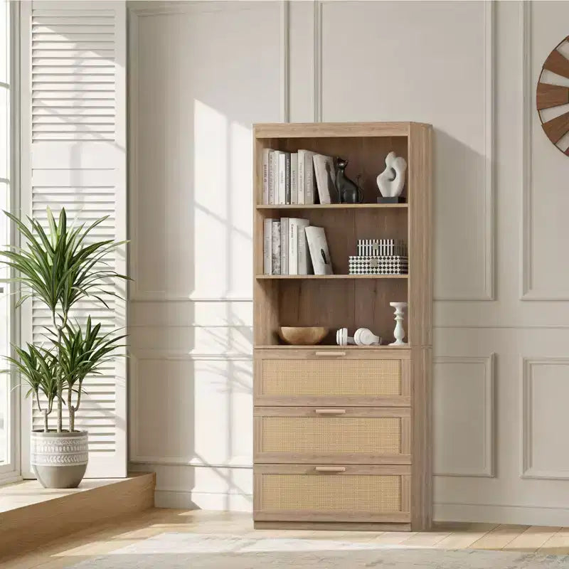 Meuble de rangement haut, Bibliothèque en rotin avec 3 tiroirs