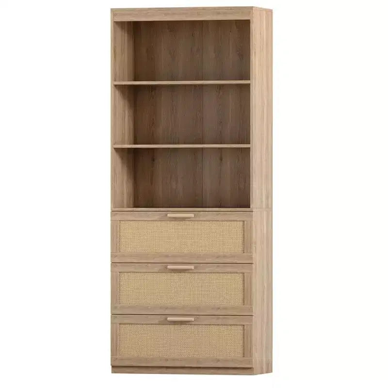 Meuble de rangement haut, Bibliothèque en rotin avec 3 tiroirs