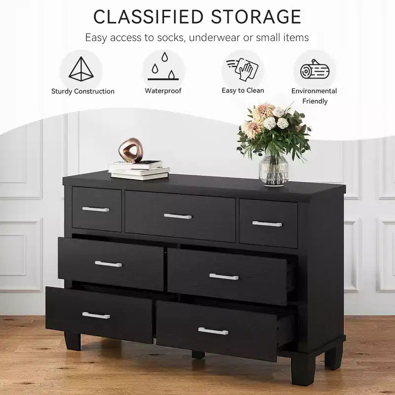 Commode à 7 tiroirs, chiffonnier avec poignées métalliques, organisateur en bois pour chambre à coucher, salon