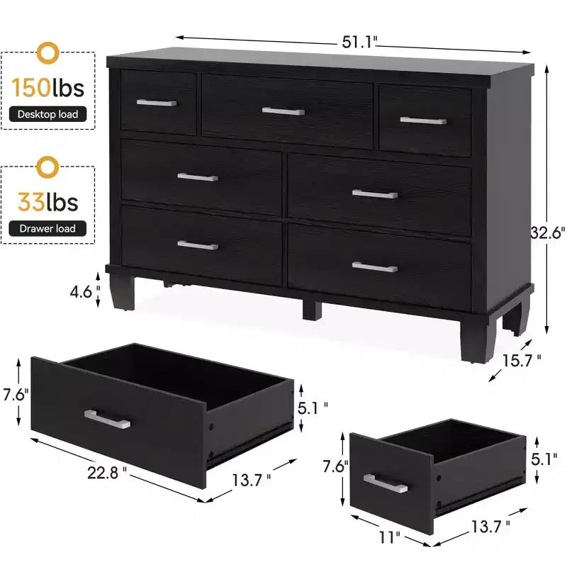 Commode à 7 tiroirs, chiffonnier avec poignées métalliques, organisateur en bois pour chambre à coucher, salon