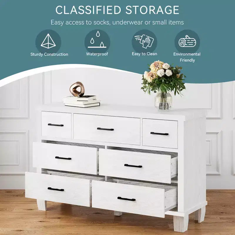 Commode à 7 tiroirs, chiffonnier avec poignées métalliques, organisateur en bois pour chambre à coucher, salon