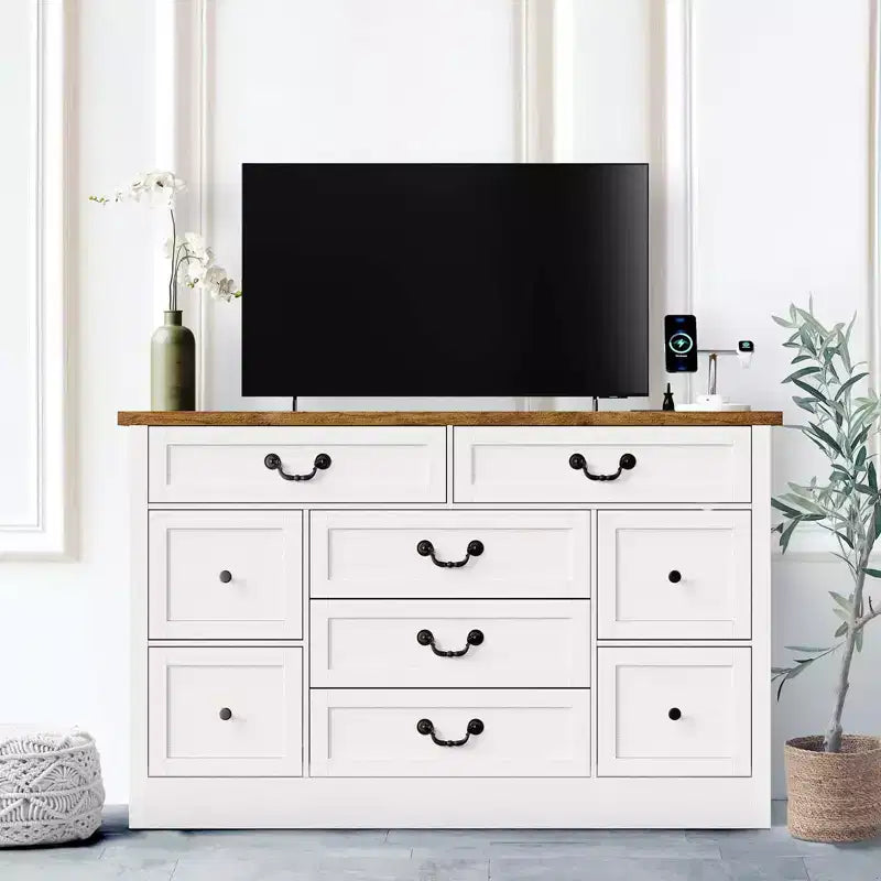 Commode à 9 tiroirs avec station de charge, commode en bois de 137 cm de large avec poignées métalliques, meuble TV vintage, chiffonnier