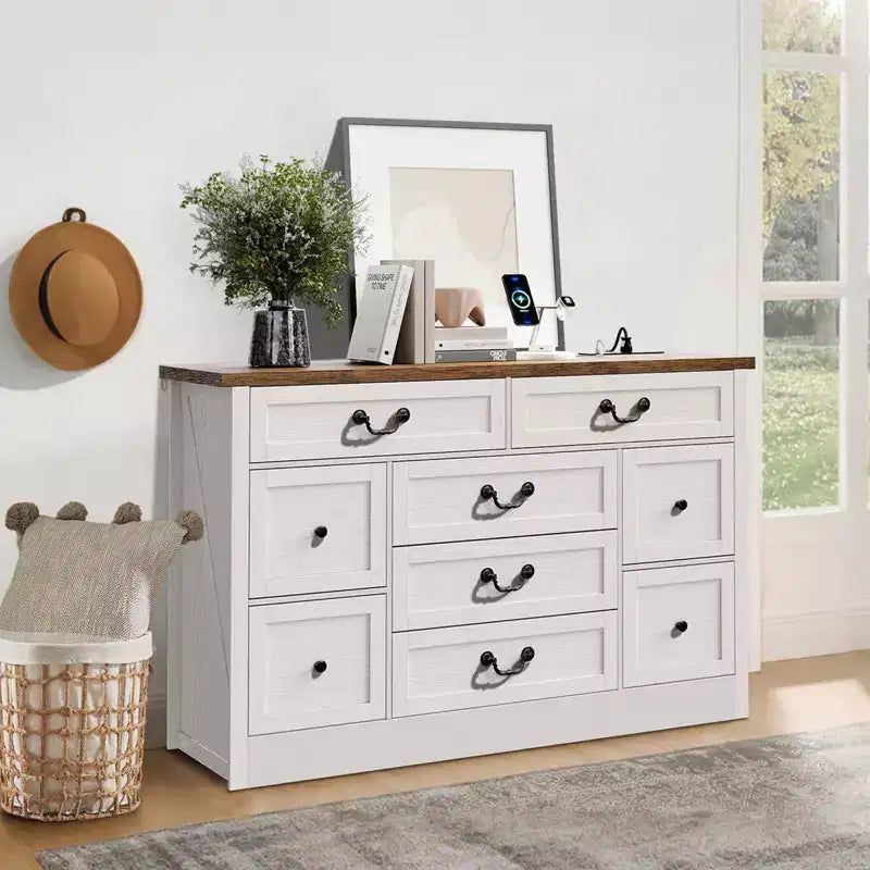9 Drawer Dresser with Charging Station, 54 Wide Wood Dresser with Metal Handle, Vintage TV Stand, Chest of Drawers