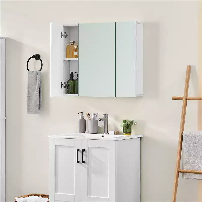 Armoire à miroir sans cadre avec trois portes miroirs sans cadre et étagère réglable pour salon, buanderie, vestiaire/arrière-cuisine