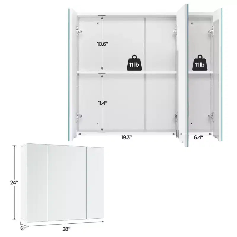 Armoire à miroir sans cadre avec trois portes miroirs sans cadre et étagère réglable pour salon, buanderie, vestiaire/arrière-cuisine