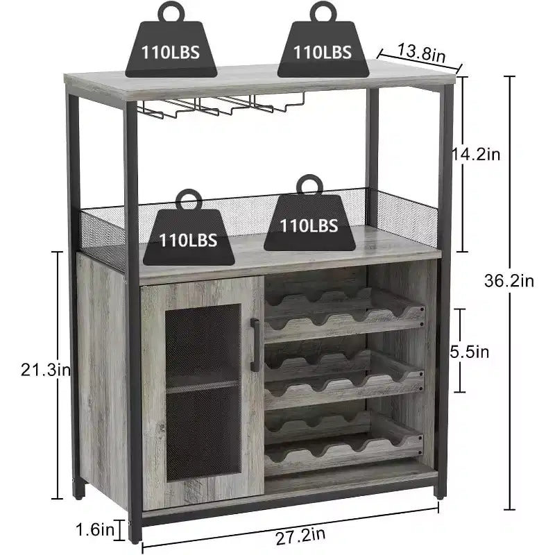 Meuble de Bar à Café et à Vins avec Rangement et Étagère Amovible, Buffet de Ferme et Meuble de Rangement avec Porte-Verres et Porte Grillagée