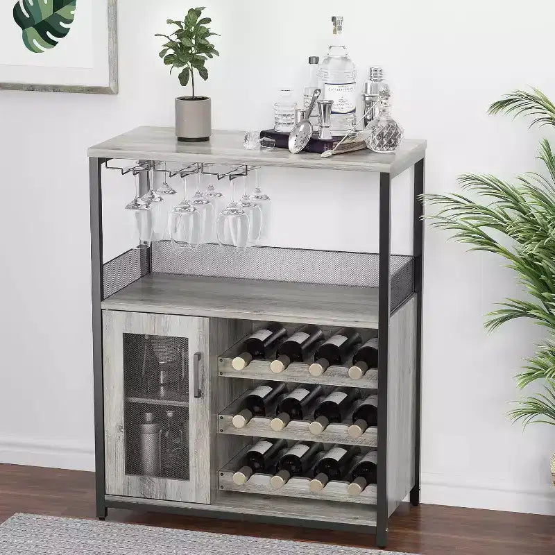 Meuble de Bar à Café et à Vins avec Rangement et Étagère Amovible, Buffet de Ferme et Meuble de Rangement avec Porte-Verres et Porte Grillagée