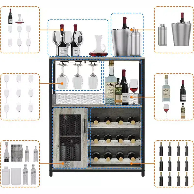 Meuble de Bar à Café et à Vins avec Rangement et Étagère Amovible, Buffet de Ferme et Meuble de Rangement avec Porte-Verres et Porte Grillagée
