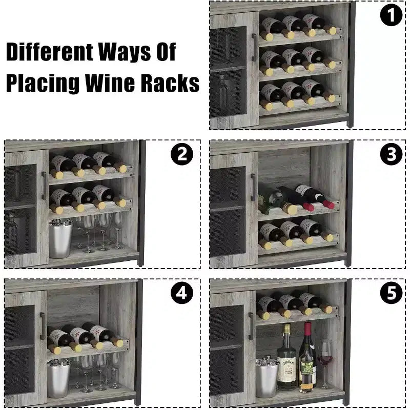 Meuble de Bar à Café et à Vins avec Rangement et Étagère Amovible, Buffet de Ferme et Meuble de Rangement avec Porte-Verres et Porte Grillagée