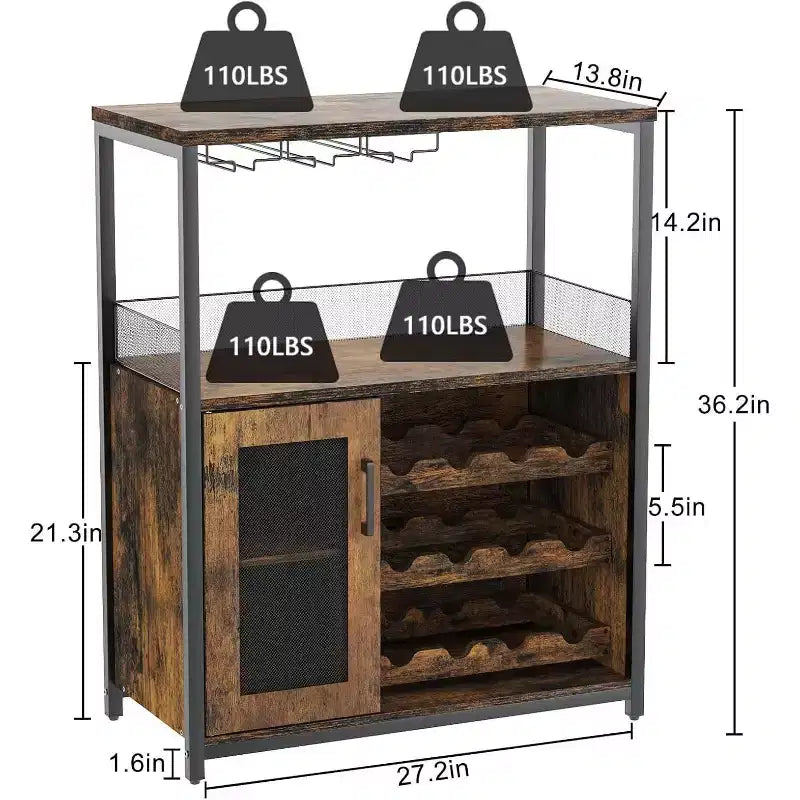 Meuble de Bar à Café et à Vins avec Rangement et Étagère Amovible, Buffet de Ferme et Meuble de Rangement avec Porte-Verres et Porte Grillagée