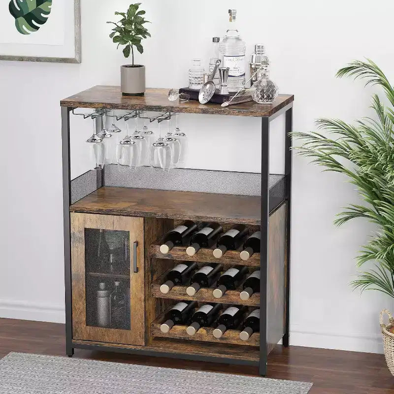 Meuble de Bar à Café et à Vins avec Rangement et Étagère Amovible, Buffet de Ferme et Meuble de Rangement avec Porte-Verres et Porte Grillagée