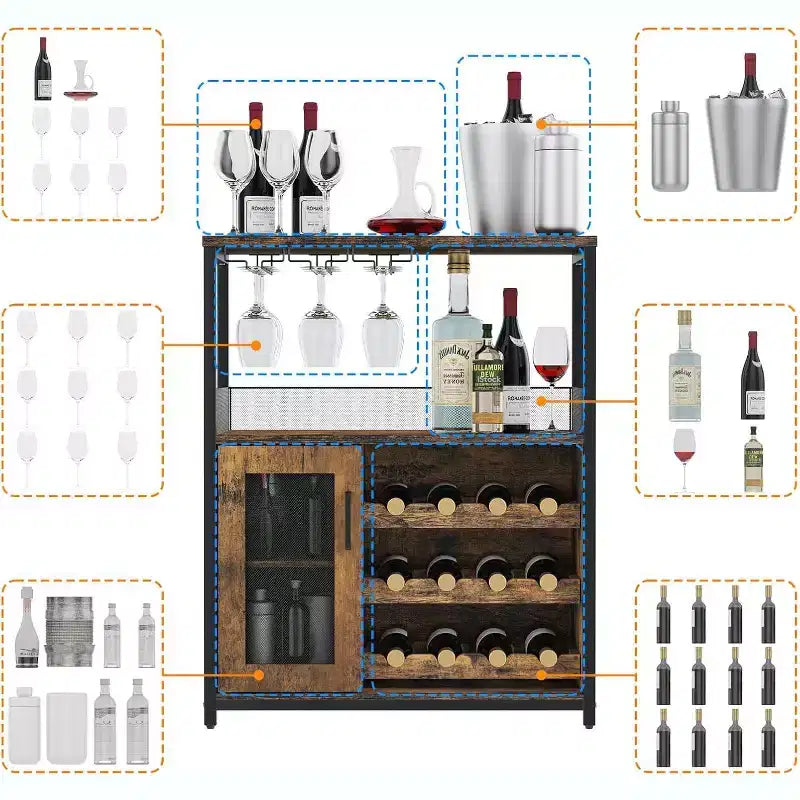 Meuble de Bar à Café et à Vins avec Rangement et Étagère Amovible, Buffet de Ferme et Meuble de Rangement avec Porte-Verres et Porte Grillagée