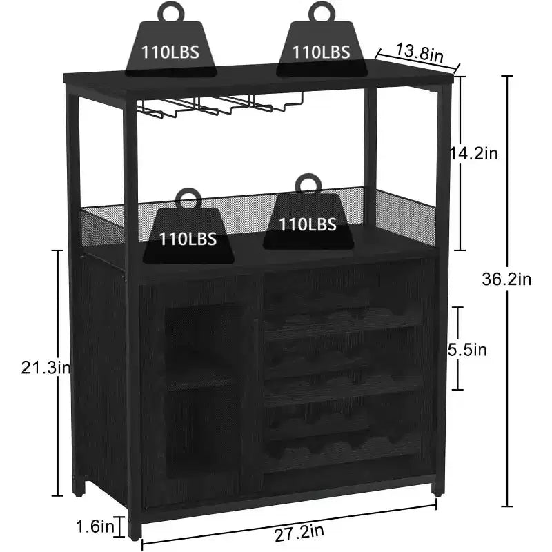 Meuble de Bar à Café et à Vins avec Rangement et Étagère Amovible, Buffet de Ferme et Meuble de Rangement avec Porte-Verres et Porte Grillagée