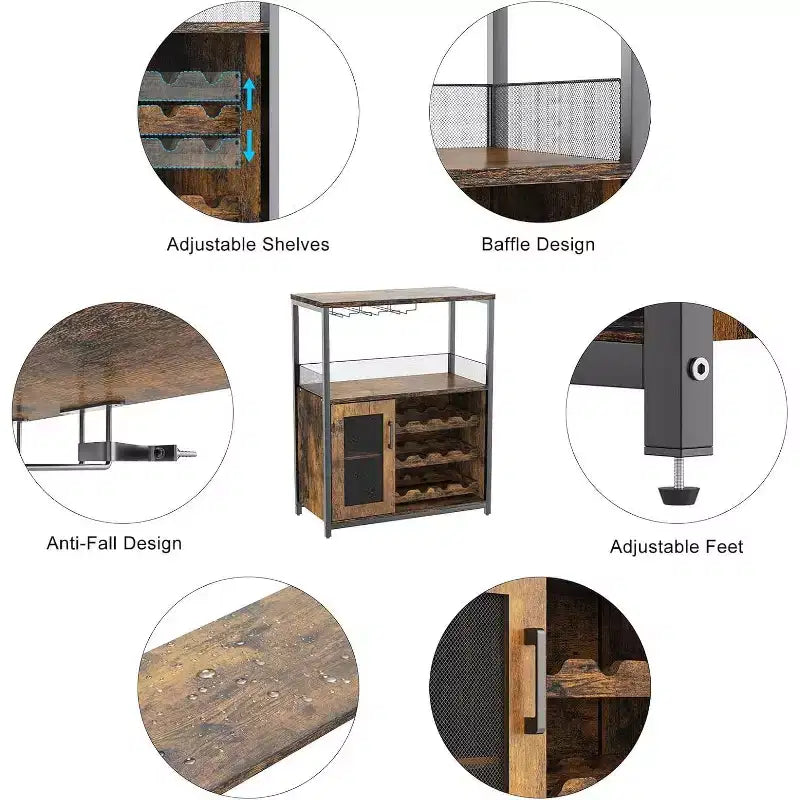 Meuble de Bar à Café et à Vins avec Rangement et Étagère Amovible, Buffet de Ferme et Meuble de Rangement avec Porte-Verres et Porte Grillagée