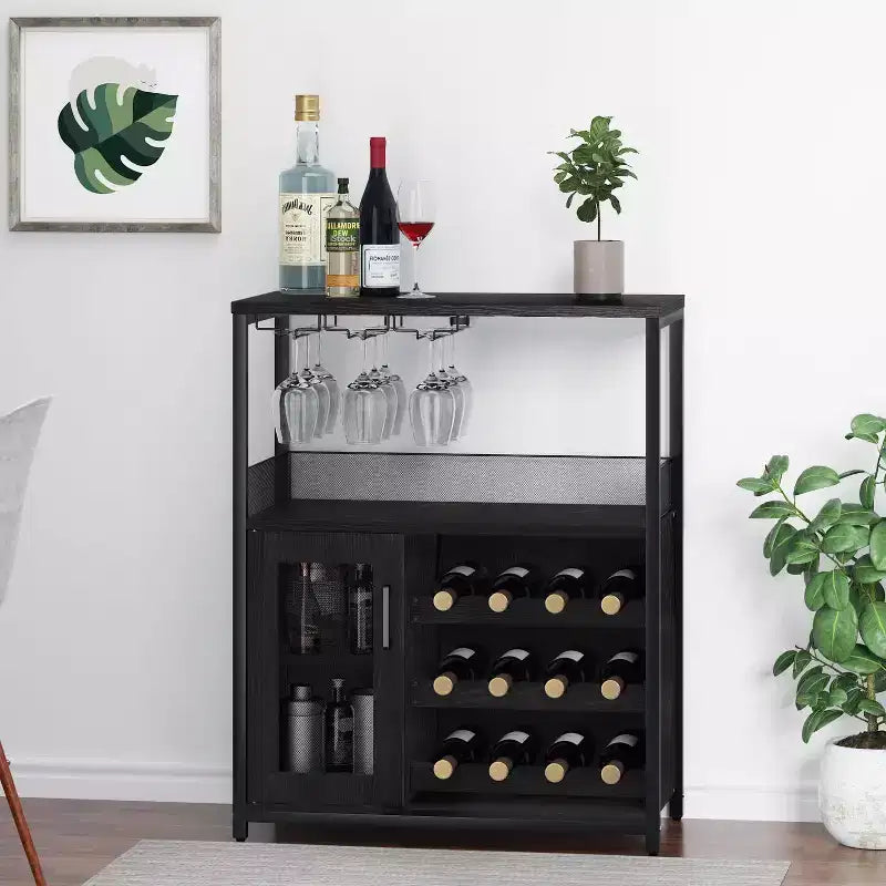 Meuble de Bar à Café et à Vins avec Rangement et Étagère Amovible, Buffet de Ferme et Meuble de Rangement avec Porte-Verres et Porte Grillagée