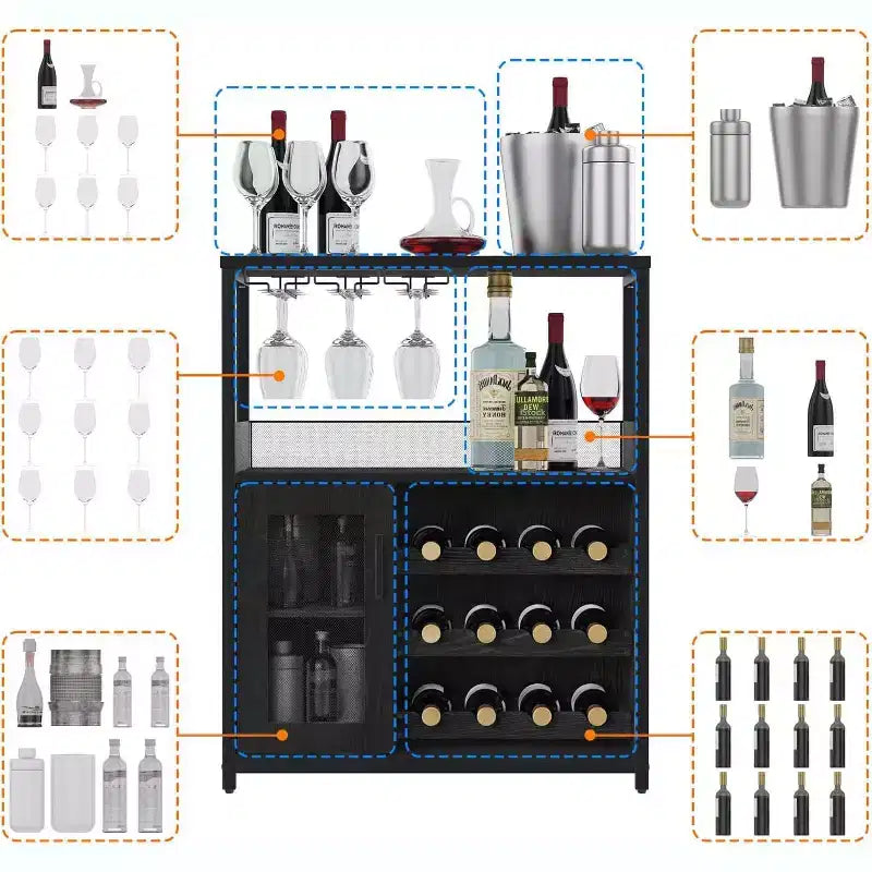 Meuble de Bar à Café et à Vins avec Rangement et Étagère Amovible, Buffet de Ferme et Meuble de Rangement avec Porte-Verres et Porte Grillagée