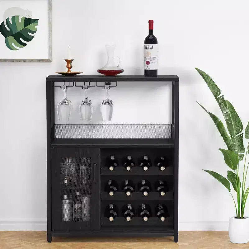 Coffee Wine Bar Cabinet with Storage and Detachable Rack, Farmhouse Sideboard and Buffet Cabinet with Glass Holder and Mesh Door