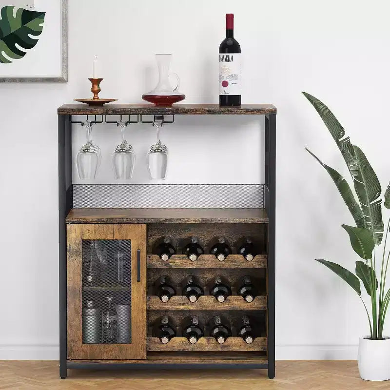 Meuble de Bar à Café et à Vins avec Rangement et Étagère Amovible, Buffet de Ferme et Meuble de Rangement avec Porte-Verres et Porte Grillagée