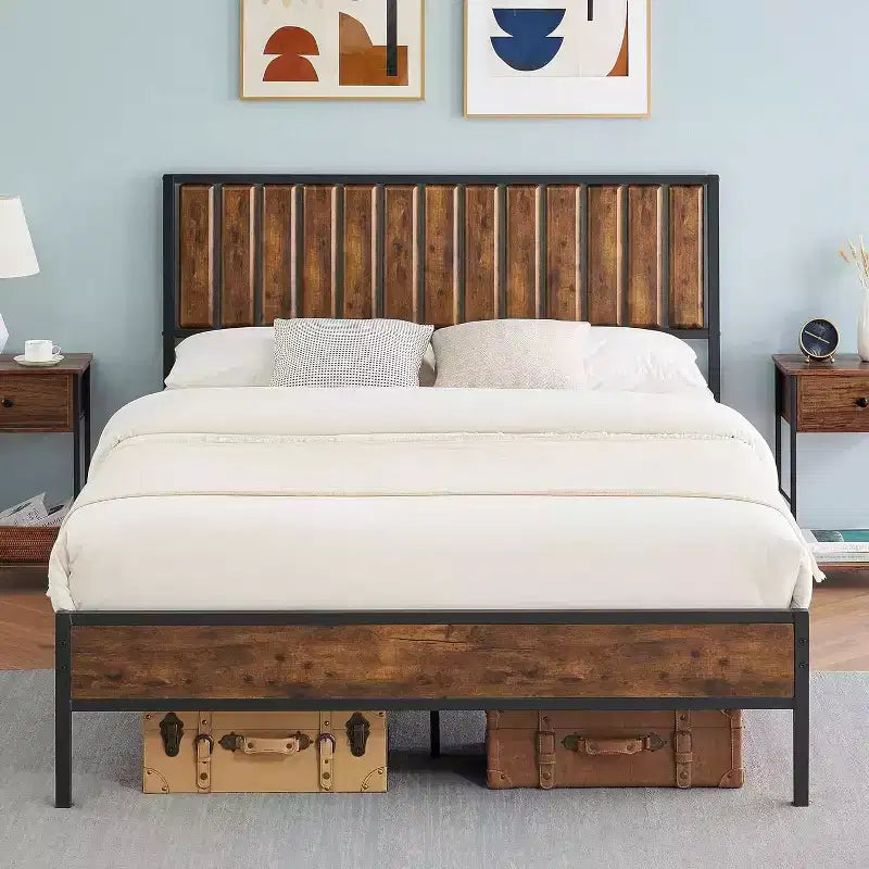 Bed Frame with Wood Headboard,Metal Platform Bed Frame with Heavy Duty Steel Slats, No Box Spring Needed