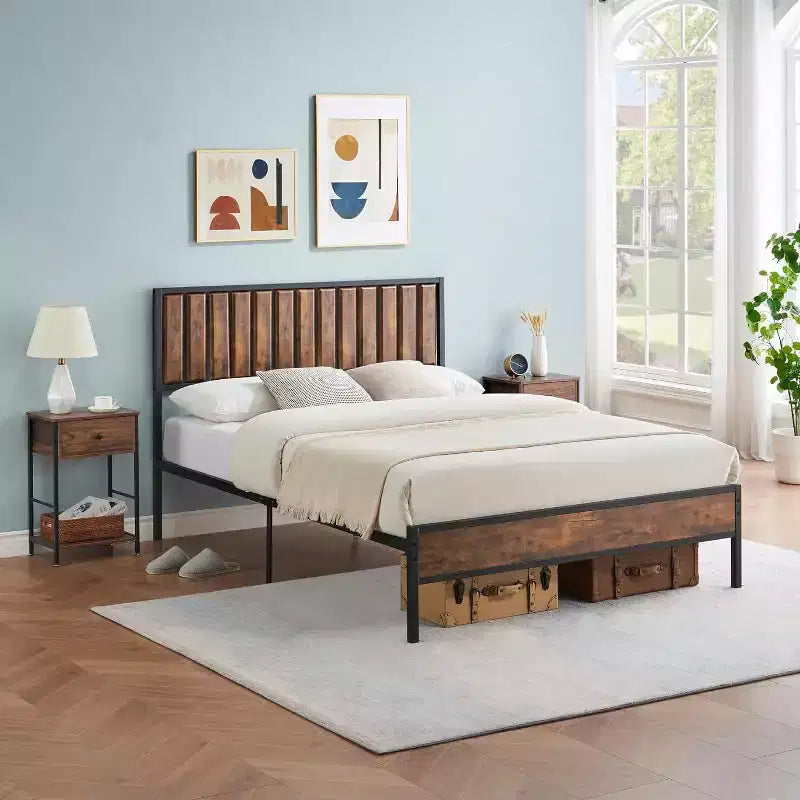 Cadre de lit avec tête de lit en bois, sommier plateforme en métal avec lattes en acier renforcées, aucun sommier tapissier requis