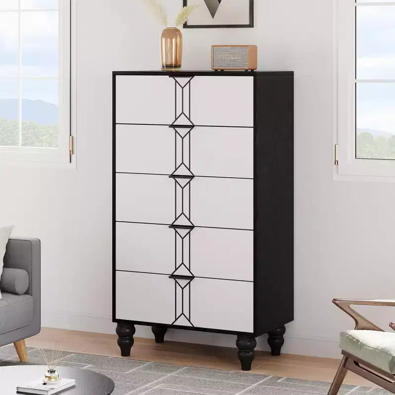 Wooden Cabinet with Vintage Pattern Design, Chest Dresser with Deep Drawers for Bedroom, Living Room