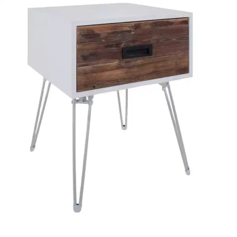 HomeRoots 23 Brown And White Wood And Metal Square End Table With Drawer
