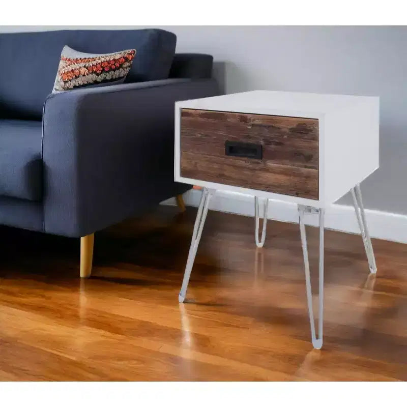 Table d'appoint carrée en bois et métal marron et blanc avec tiroir