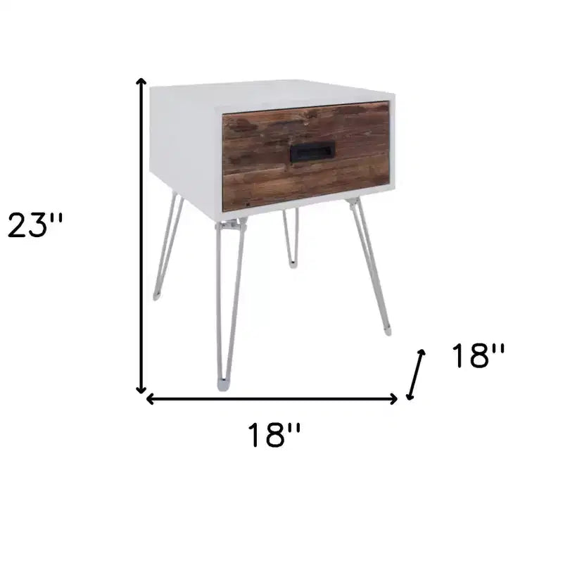 Table d'appoint carrée en bois et métal marron et blanc avec tiroir