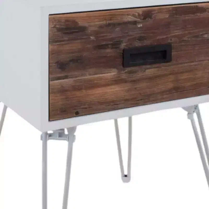 Table d'appoint carrée en bois et métal marron et blanc avec tiroir
