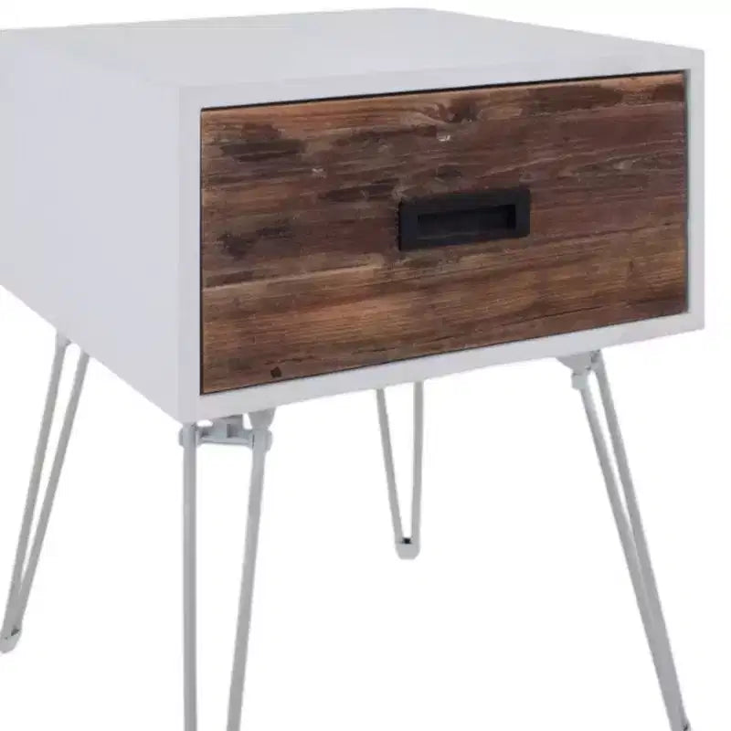 Table d'appoint carrée en bois et métal marron et blanc avec tiroir
