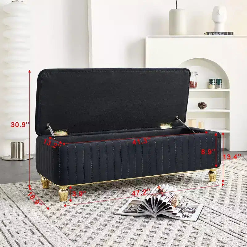 Banc de rangement ottoman moderne de luxe avec dessus rabattable, bouton profond, décor doré et pieds en métal, rembourré pour salon, chambre à coucher