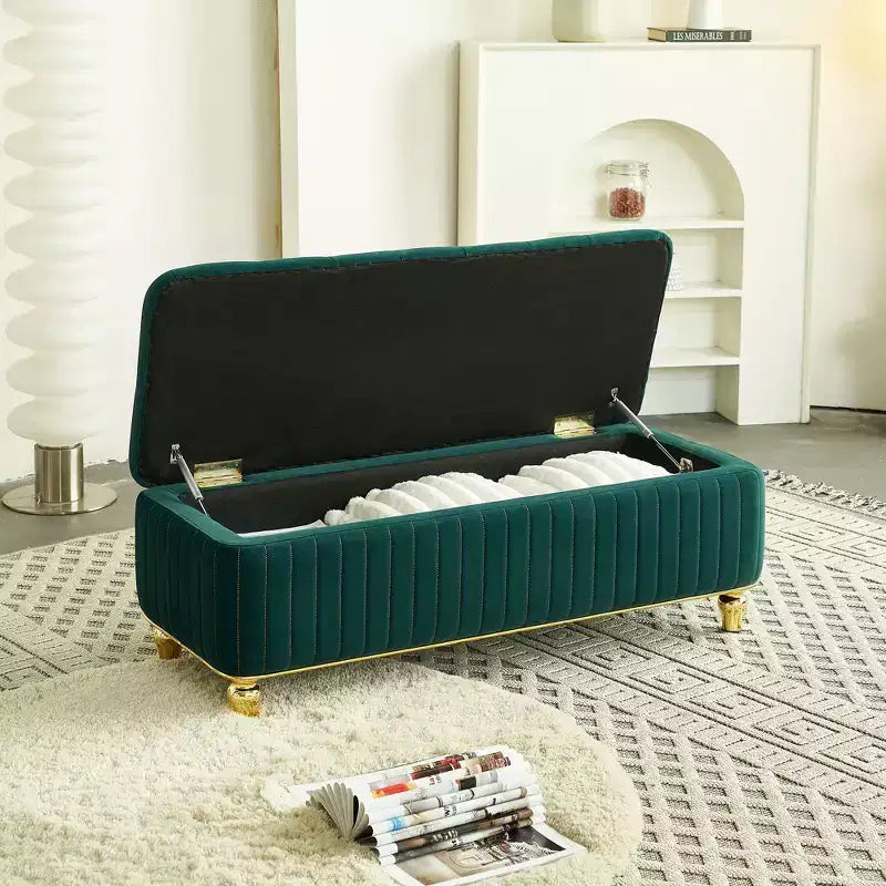 Banc de rangement ottoman moderne de luxe avec dessus rabattable, bouton profond, décor doré et pieds en métal, rembourré pour salon, chambre à coucher