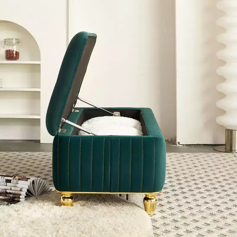 Banc de rangement ottoman moderne de luxe avec dessus rabattable, bouton profond, décor doré et pieds en métal, rembourré pour salon, chambre à coucher