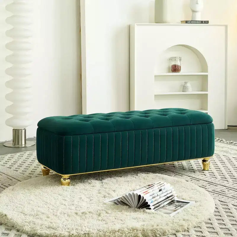 Banc de rangement ottoman moderne de luxe avec dessus rabattable, bouton profond, décor doré et pieds en métal, rembourré pour salon, chambre à coucher