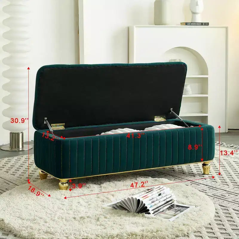 Banc de rangement ottoman moderne de luxe avec dessus rabattable, bouton profond, décor doré et pieds en métal, rembourré pour salon, chambre à coucher