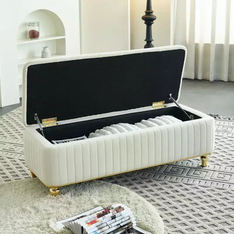 Banc de rangement ottoman moderne de luxe avec dessus rabattable, bouton profond, décor doré et pieds en métal, rembourré pour salon, chambre à coucher